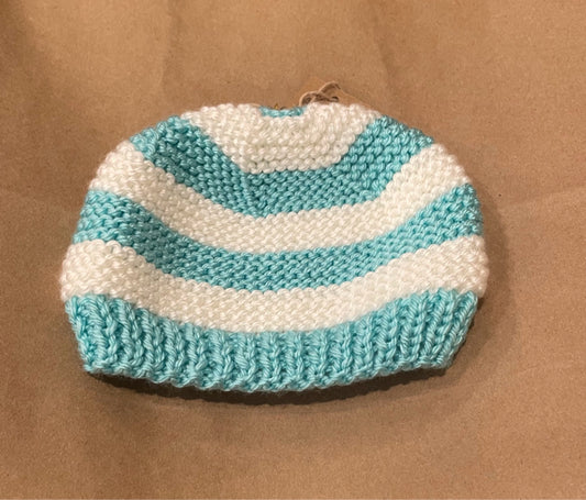 0-6 M Aqua and White Stripe Acrylic Beanie