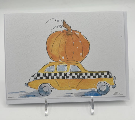 Taxi With Pumpkin Halloween Card