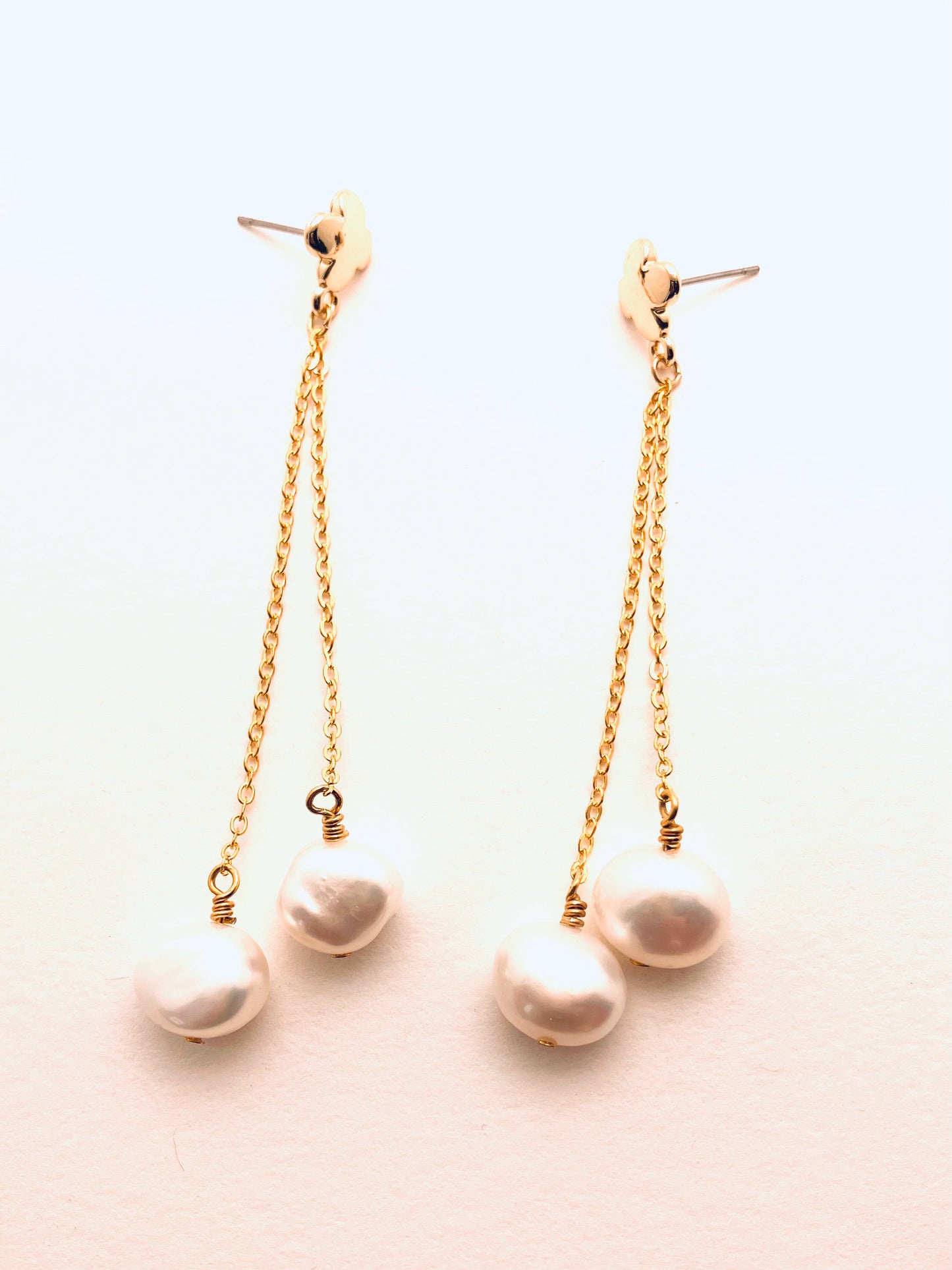 Earrings with Two Large Pearls, Cross and Chain