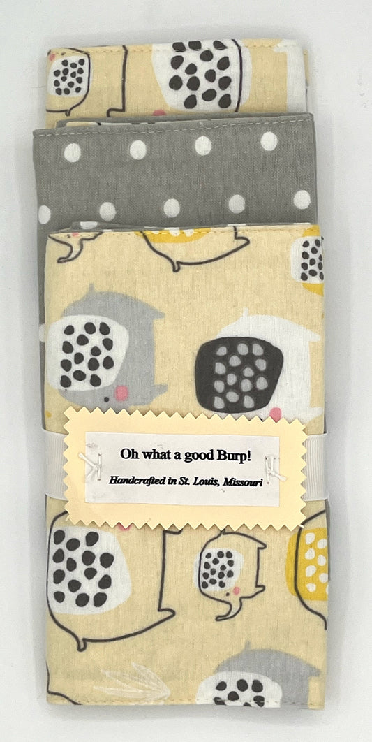 3 Piece Burp Set - Elephants w/Yellow & Gray Dots