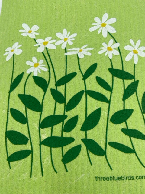 Daisies on Green Swedish Dishcloth