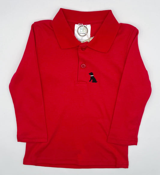 18 M - Polo Shirt Long Sleeved Red w/Embroidered Dog