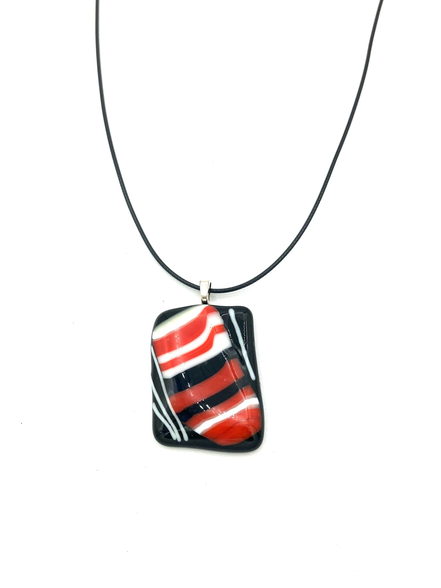 Necklace with Fused Glass Pendant, Small Pendant, Black with Red Stripes