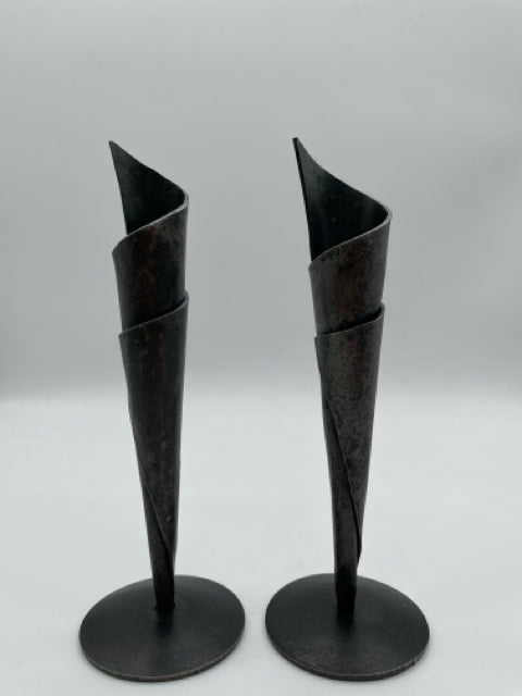 Hand Forged Cone Wrapped Candlestick Pair