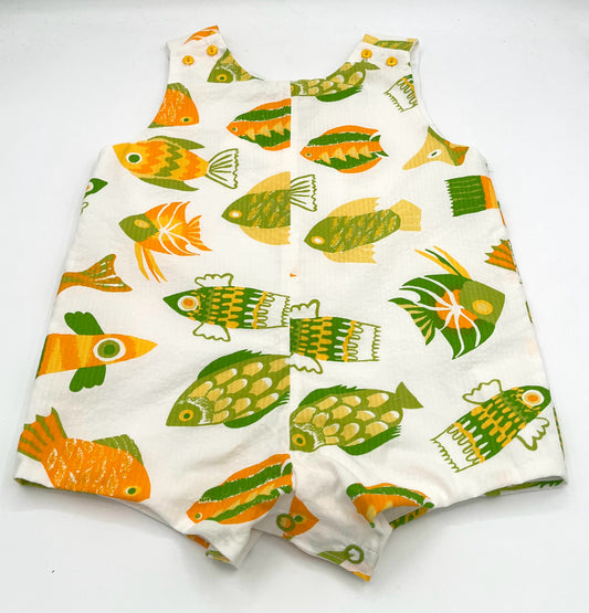 9 M Romper Seersucker Green/Orange/Yellow Fish Print