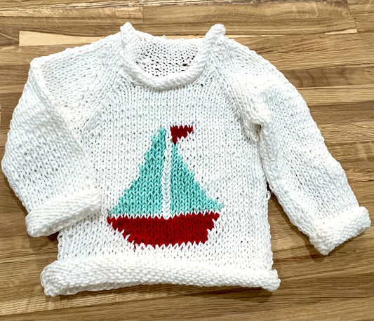 12 M White Cotton Knit Sweater with Sailboat