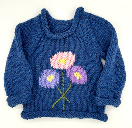 12 M Denim Blue Acrylic Knit Sweater with Pink and Purple Flowers