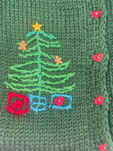 12 M Green Acrylic Knit Cardigan Set with Embroidered Christmas Tree