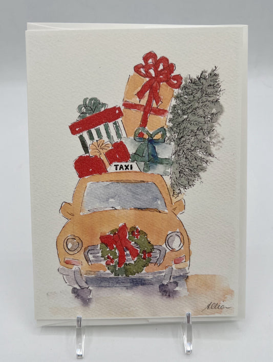 Taxi With Gifts Christmas Card