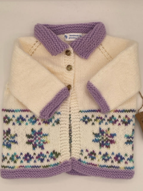 12-18 M White and Lavender Acrylic Fair Isle Knit Cardigan