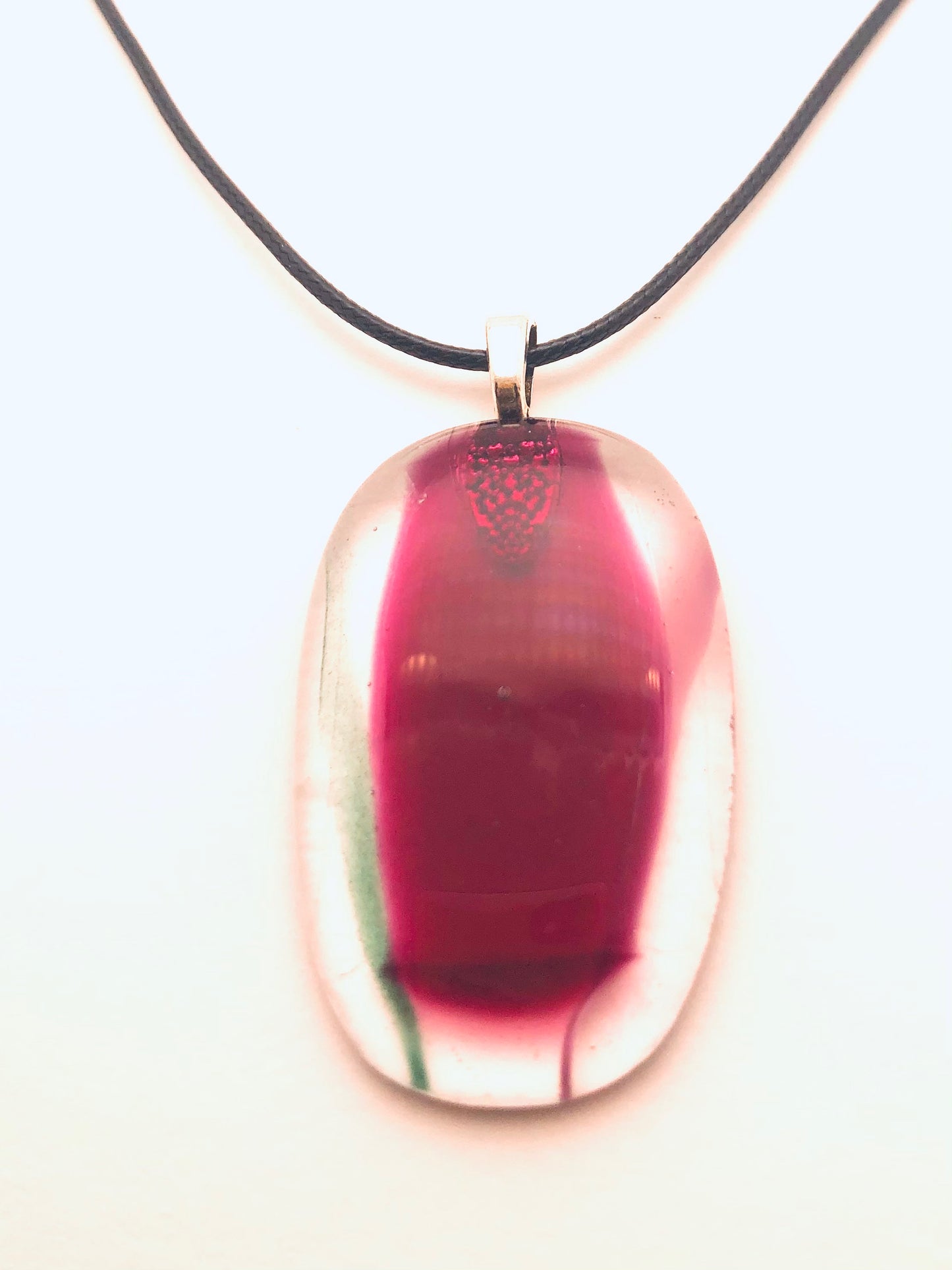 Necklace with fused Glass Pendant, small Pendant, oval, clear with red