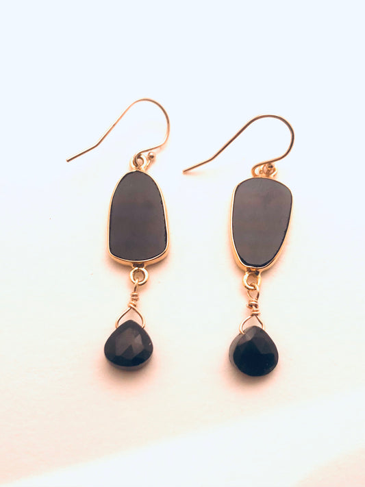 Smooth Onyx wrapped in Vermeil Earrings with Jet Briolette