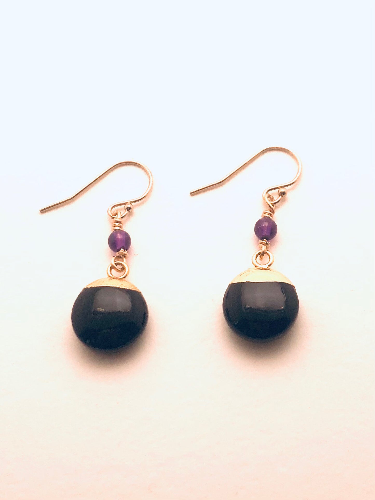 Black Onyx Coin dipped in Vermeil with Amethyst Accent Bead Earrings