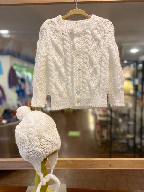 3 Y White Acrylic Aran Knit Cardigan & Hat