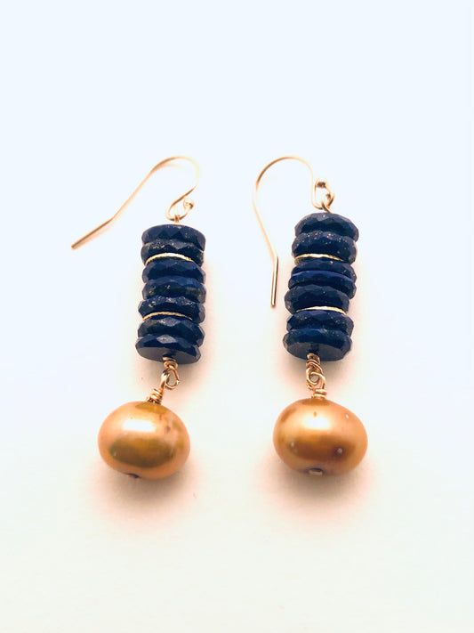 Lapis, 22k Vermeil Discs, Gold Fresh Water Pearl Earrings