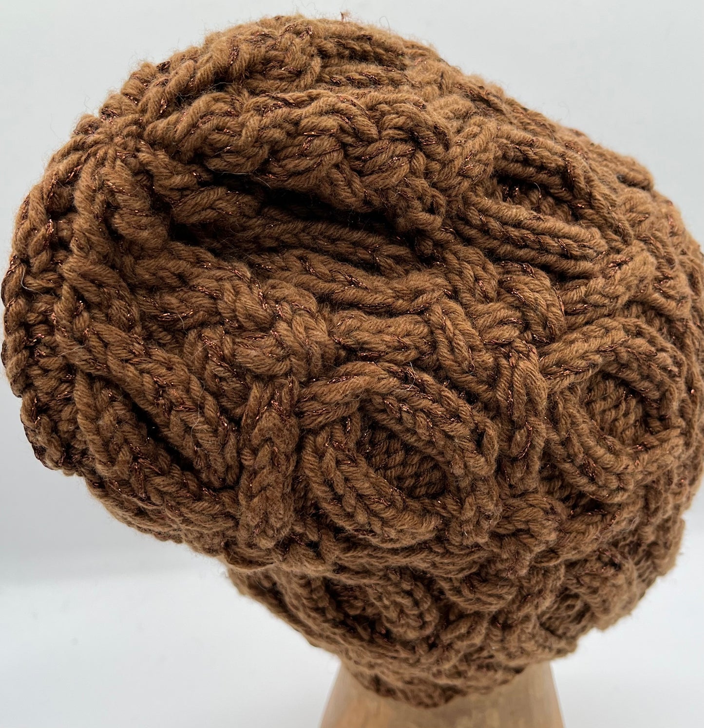 Nutmeg Brown Wool and Lurex Cabled Knit Beanie