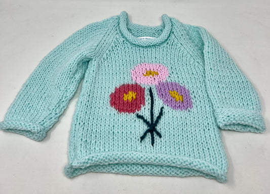 12 M Mint Green Acrylic Sweater with Flowers