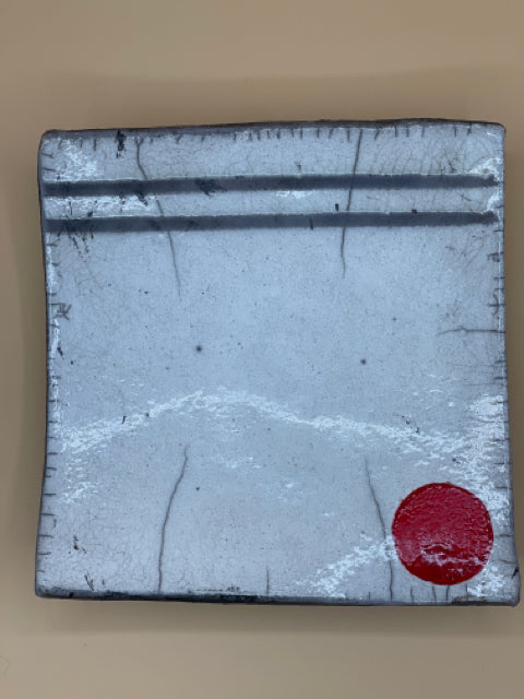 Japanese Inspired Square Raku Tray With Red Circle