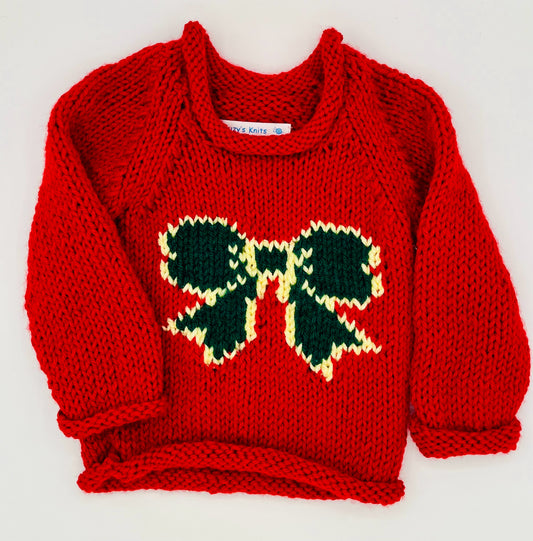 12 M Red Acrylic Knit Sweater with Green Bow