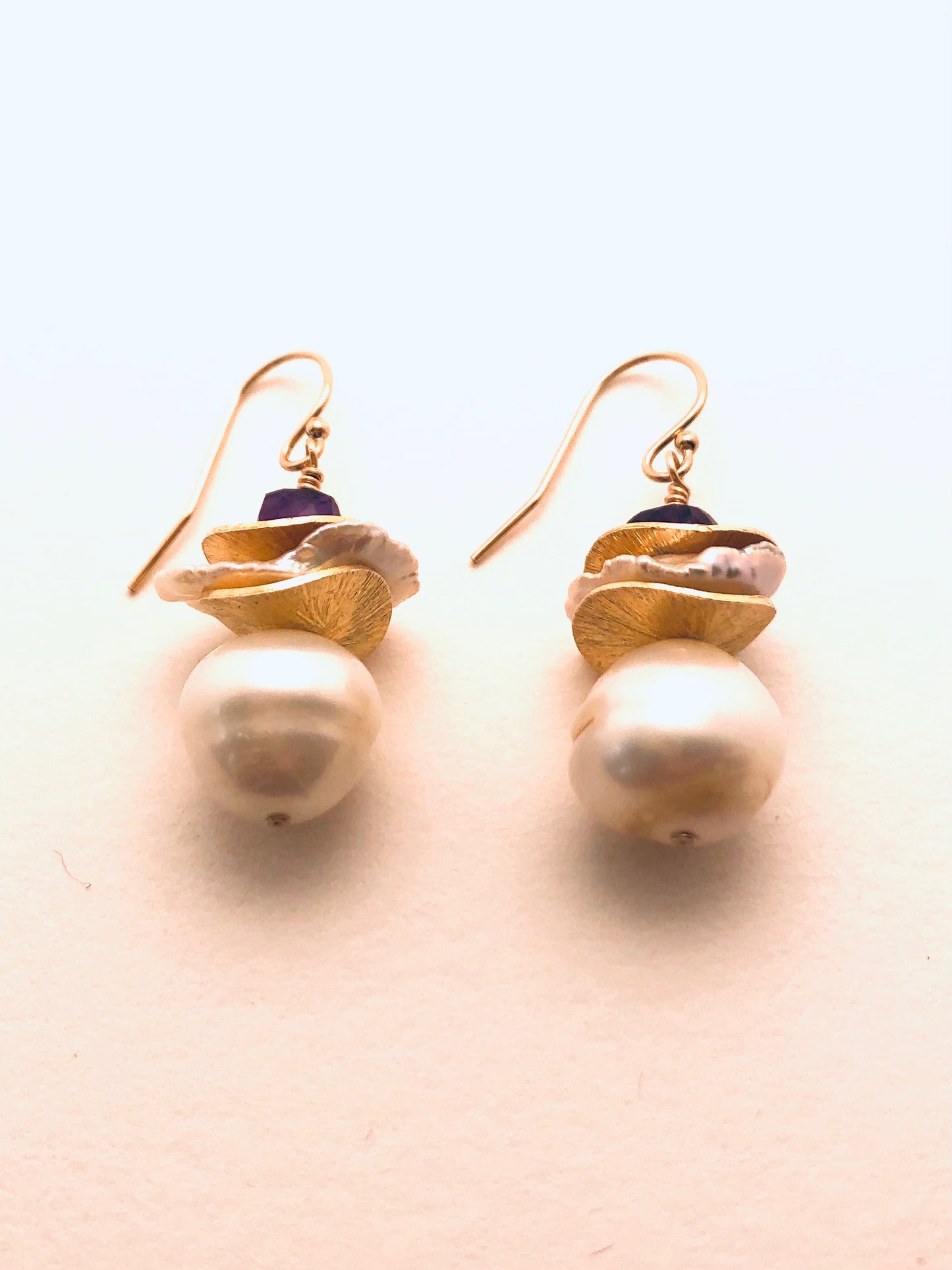 Pearl with Keishi, Vermeil Discs, Amethyst Cube Earrings