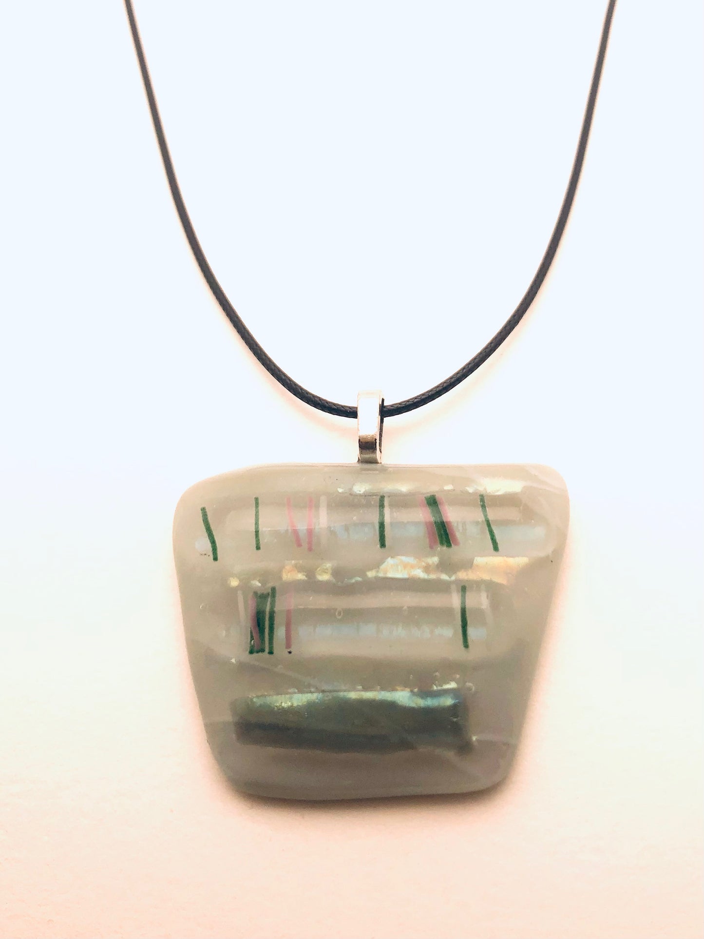 Necklace with fused Glass Pendant, large pendant, milky white with green stripes