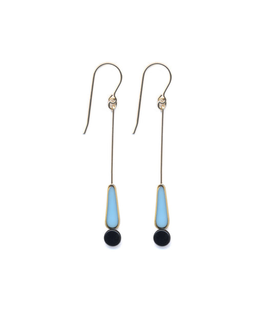 Blue Tear with Black Detail Earrings, German Vinage Glass Beads