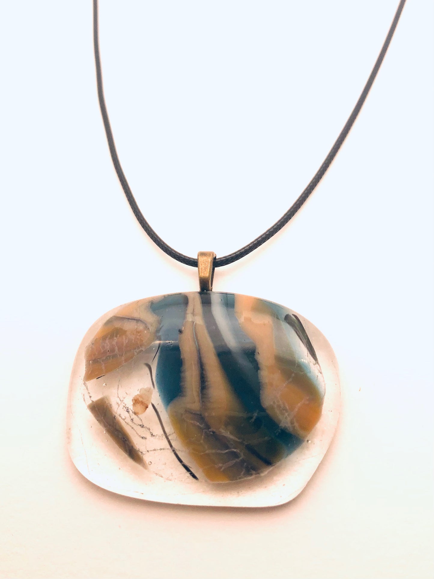 Necklace with fused Glass Pendant, large Pendant, clear with stripes