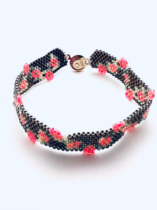 Beaded Garland Bracelet Brown with Pink Flowers