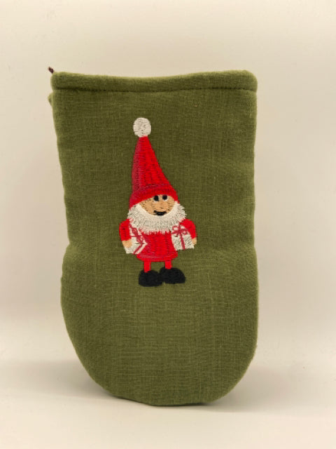 Green Linen Oven Mitt with Gnome Santa