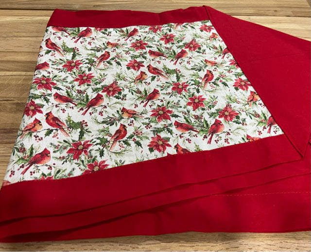 Cardinals and Poinsettia Print Table Runner with Red Trim