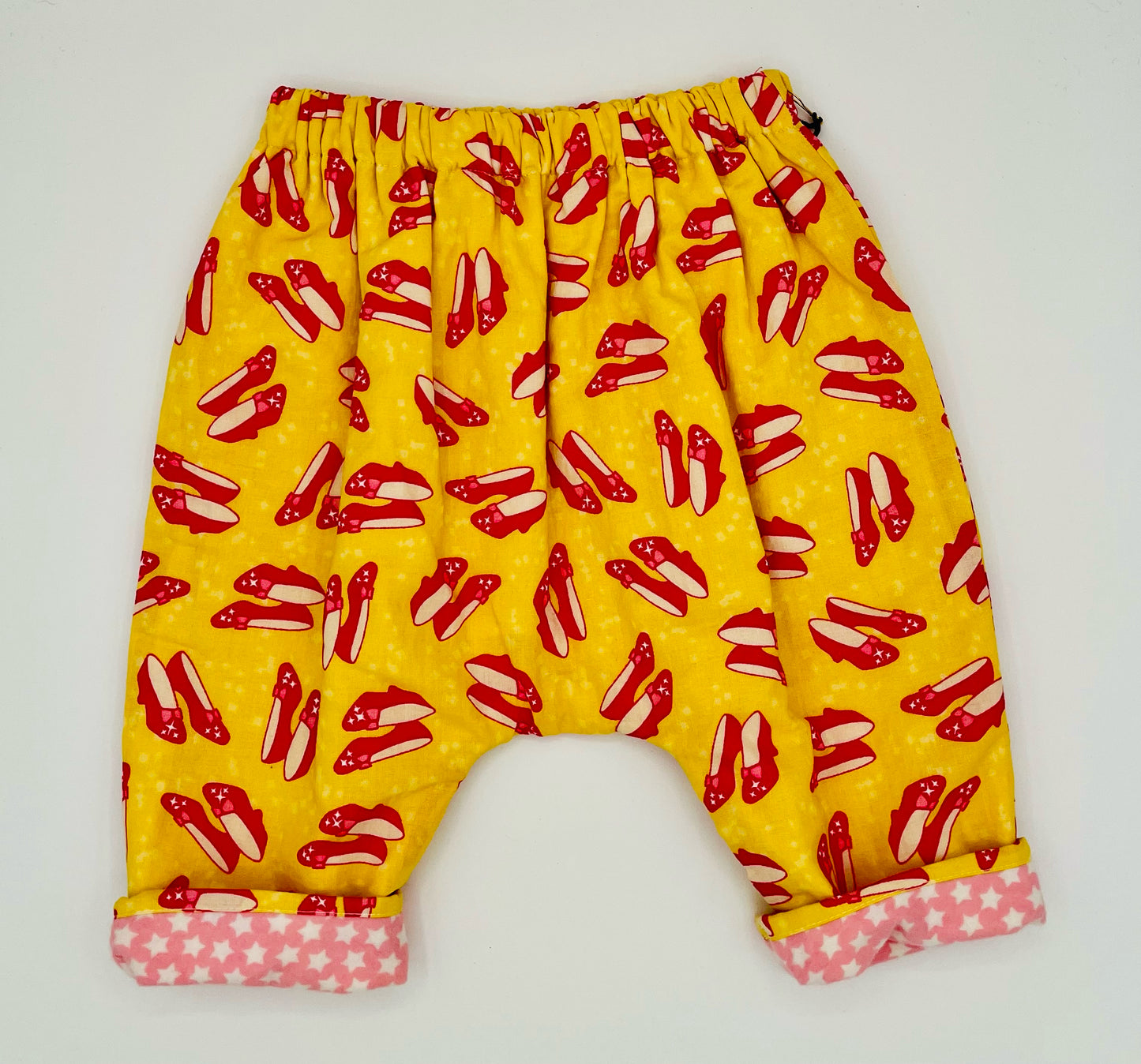 6-12 M "Happy Pants" - Vintage Flannel Fabric Yellow w/Ruby Red Shoes
