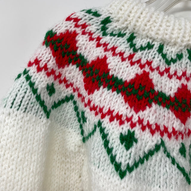 3-4 Y White with Red and Green Fair Isle Acrylic Knit Pullover