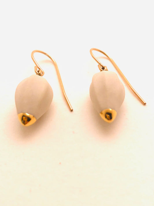 Seed Earrings, Sculpted Porcelain with 22k Gold Tipped Tip