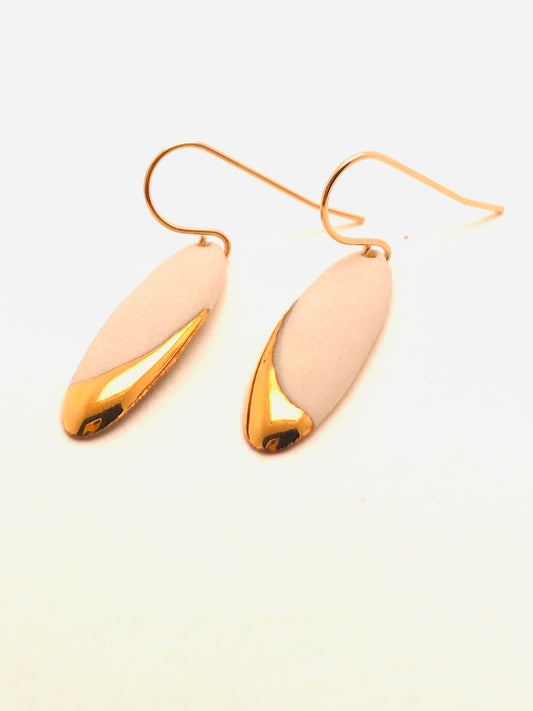 Long Oval Shape Porcelain with 22k Slanted Gold Dip Earrings