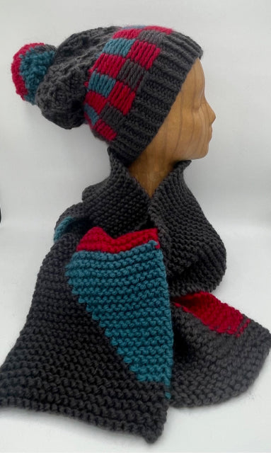 Graphite, Red and Turquoise Pure Wool Colorblock Knit Scarf