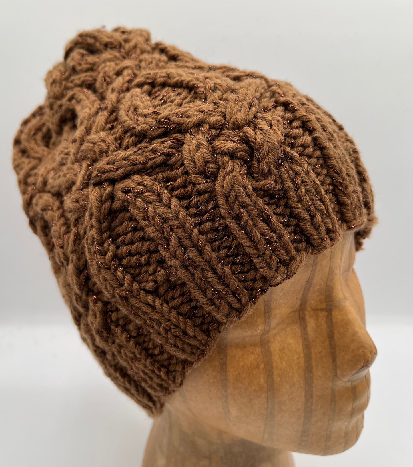 Nutmeg Brown Wool and Lurex Cabled Knit Beanie