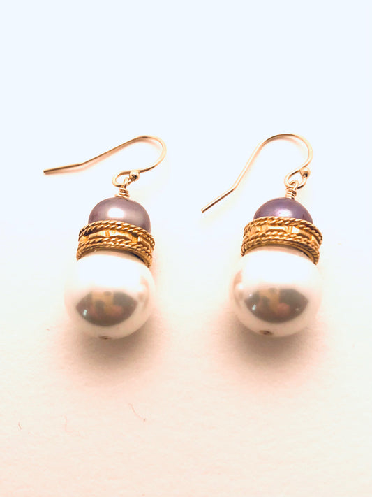 Mother of Pearl with Lilac Pearl and Jewelers Brass Ring Earrings