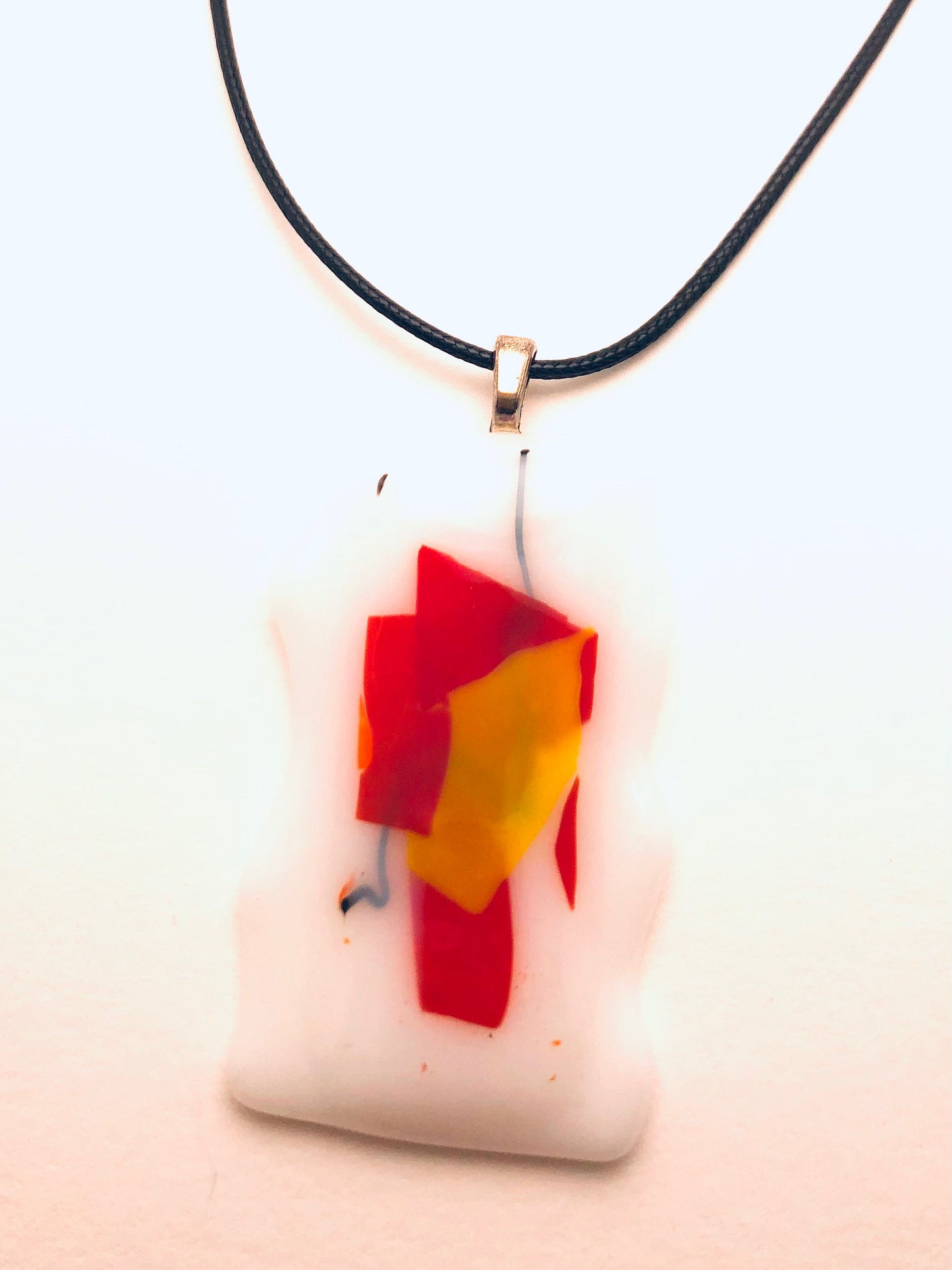 Necklace with fused Glass Pendant, large Pendant, white with red and yellow