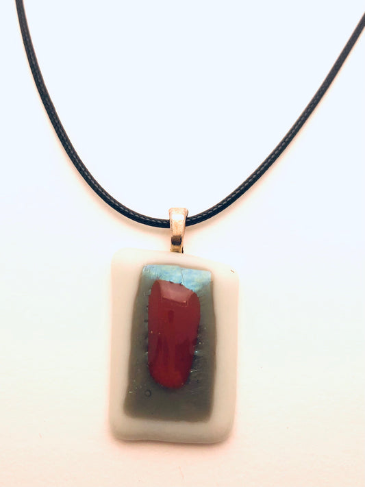 Necklace with fused Glass Pendant, small Pendant, white, green, red