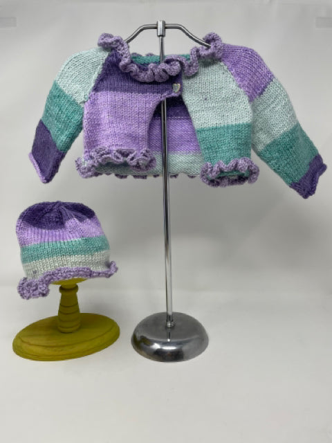 6-9 M Purple and Mint Acrylic Knit Cardigan and Hat Set