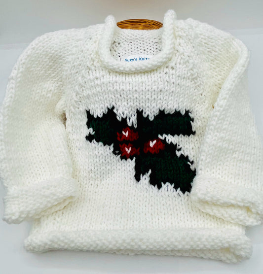 12 M White Acrylic Sweater with Holly Berries