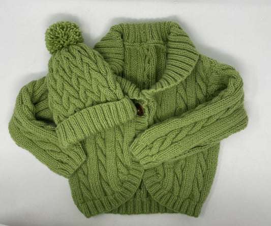 Size 7-8 Y Leaf Green Acrylic Cable Knit Bolero Sweater and Hat Set