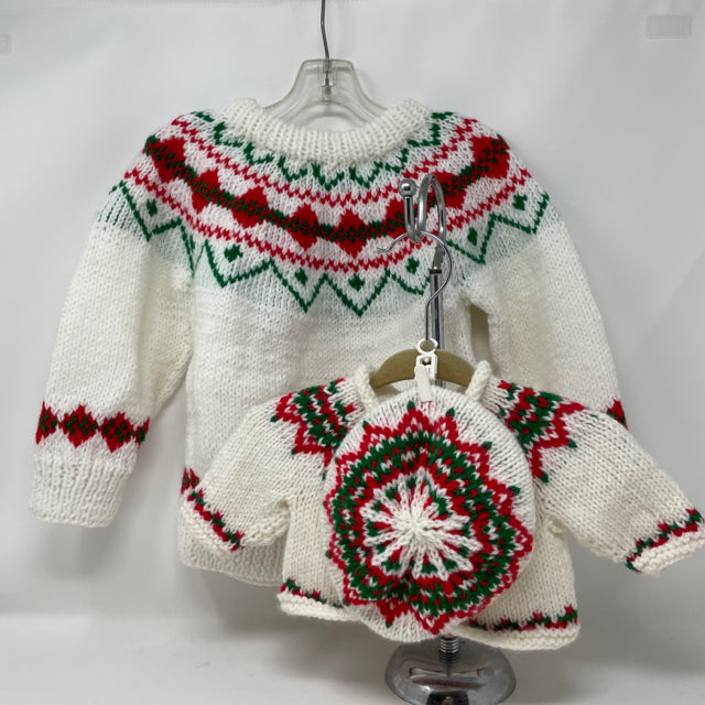 3-4 Y White with Red and Green Fair Isle Acrylic Knit Pullover