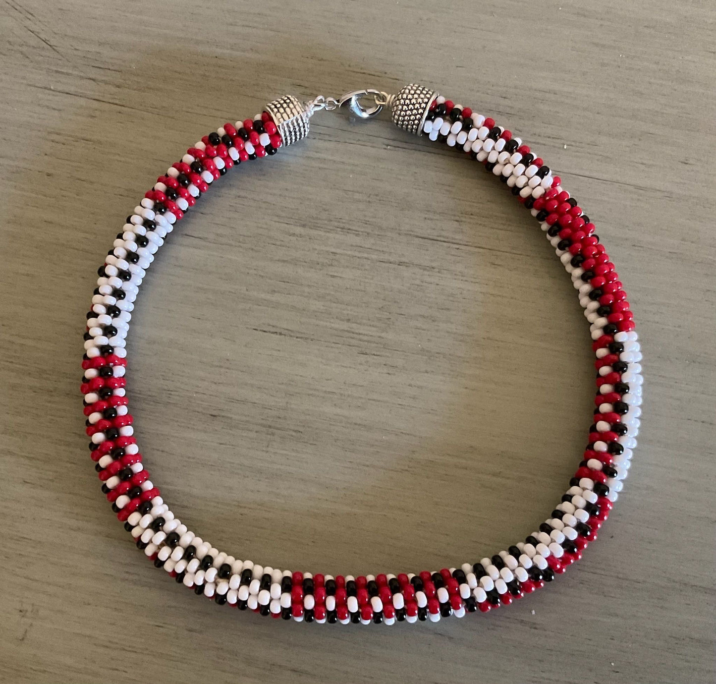 Necklace Red, White and Black Bead Crochet Necklace, Japanese Round Glass Beads