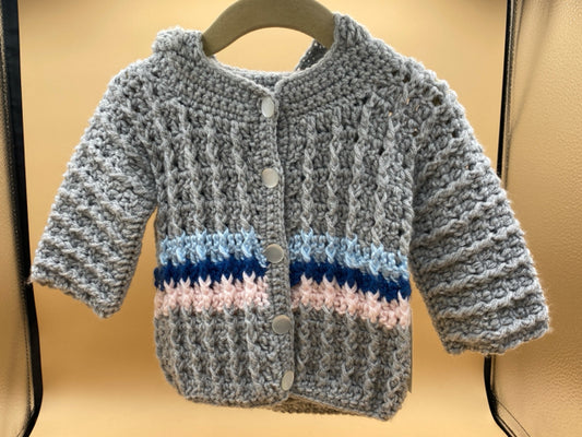 12-18 M Light Grey Stripe Hooded Acrylic Crochet Cardigan