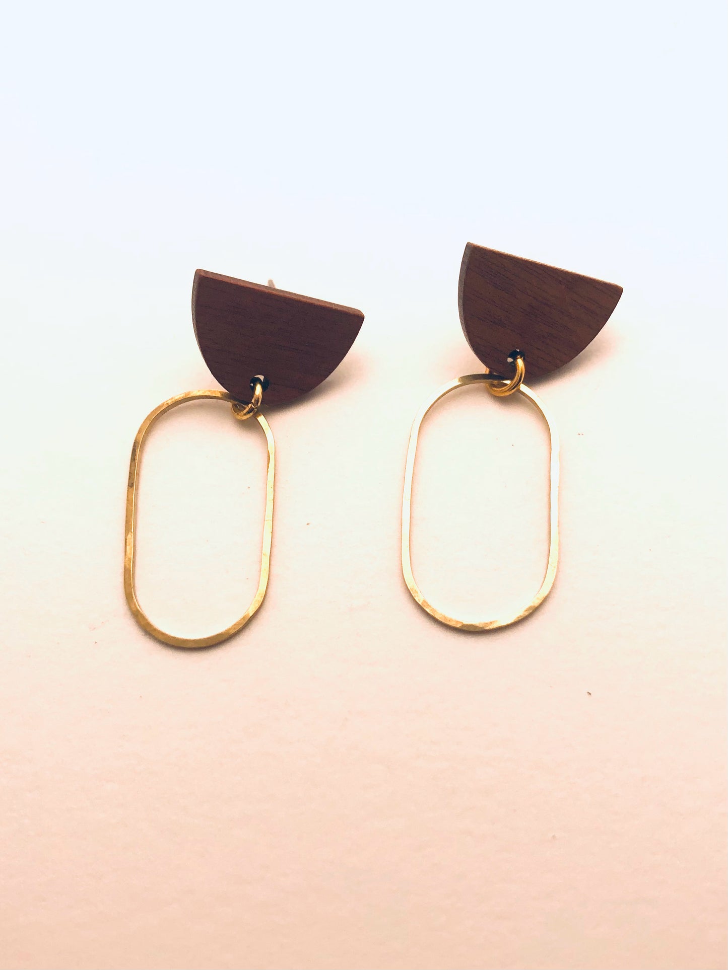 Oval Brass Earrings with Wood