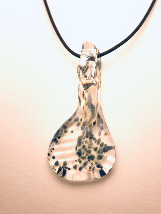 Necklace with fused Glass Pendant, large Pendant, long,clear with dots