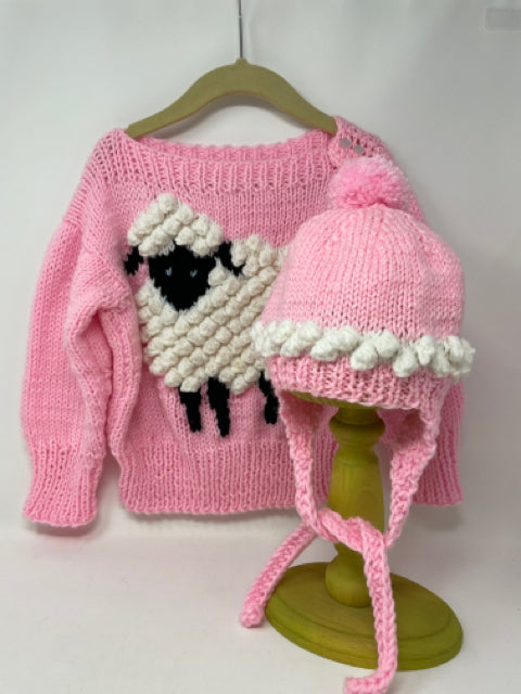 3-4 Y Pink Lamb Acrylic Knit Cardigan Set