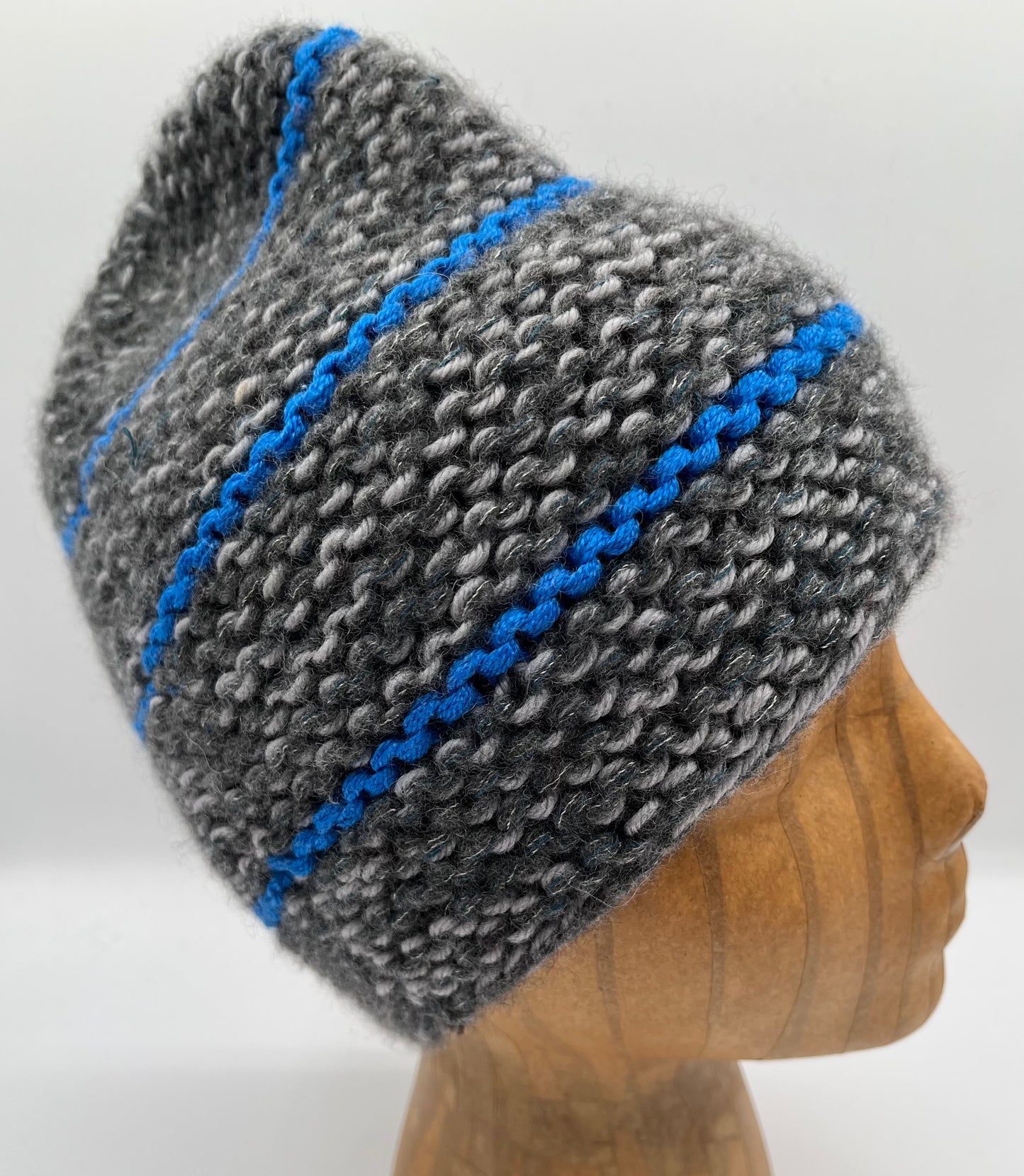 Grey, Black and Royal Blue Cashmere and Wool Striped Knit Beanie