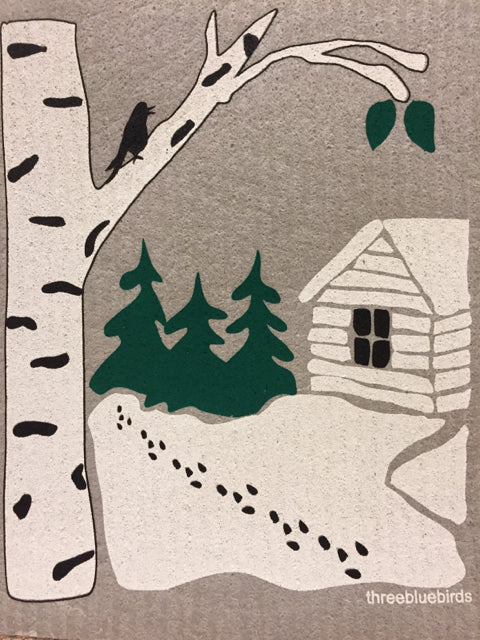 Snowy Cabin Swedish Dishcloth